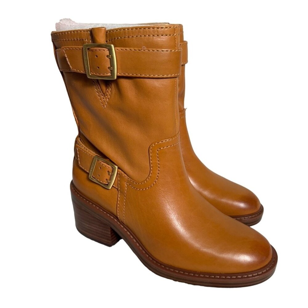 Vince Camuto Womens Vergila‎ Leather Moto Boots Golden Walnut Size 6 1/2